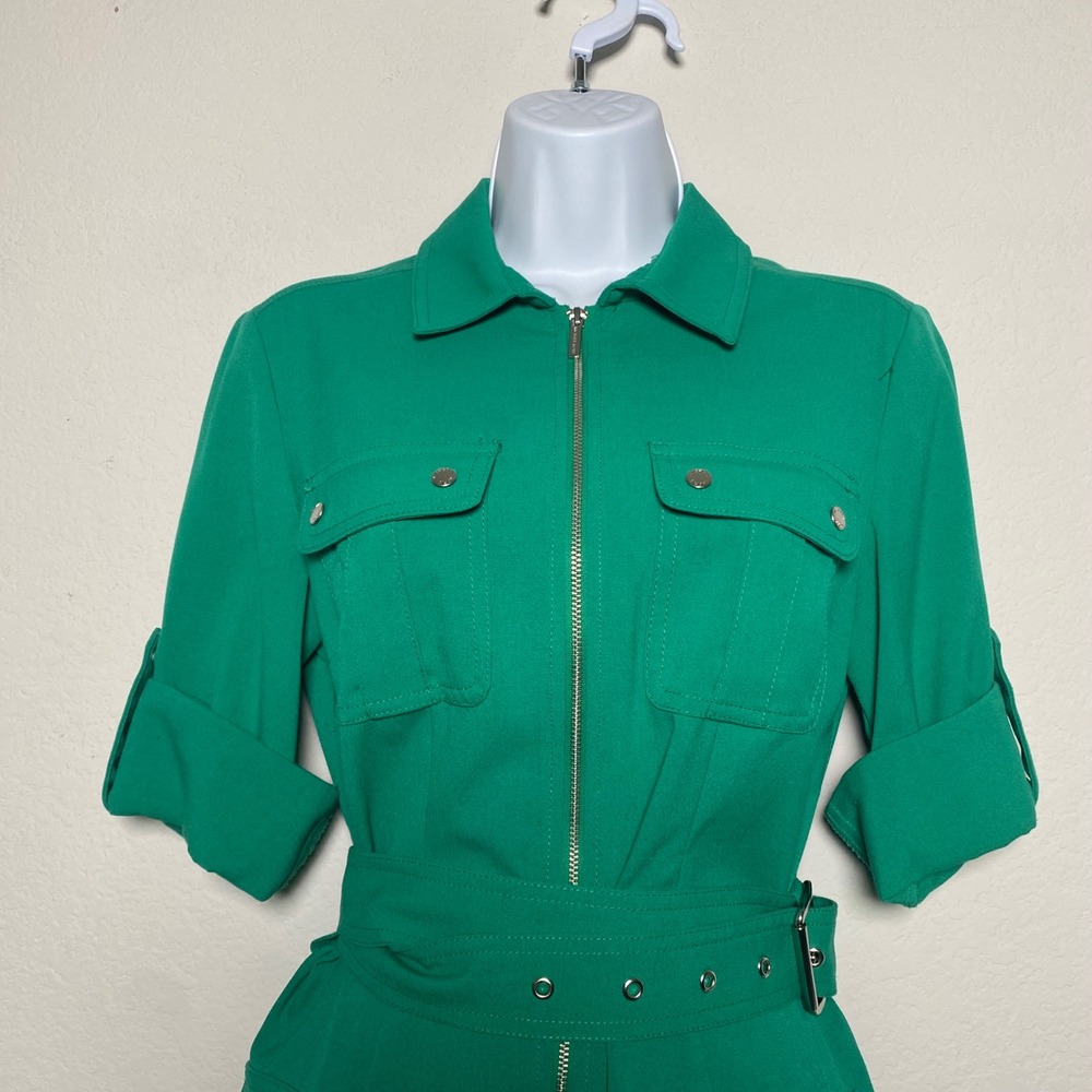 Michael Kors Kelly Green Knee Length Front Zip Dress Cuffed Sleeve Preppy Polish - Picture 6 of 10